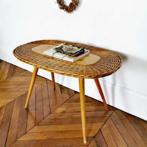 Table vintage bois et rotin 1