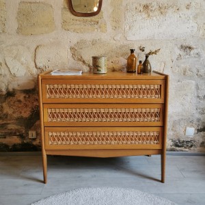 Commode en hêtre et rotin