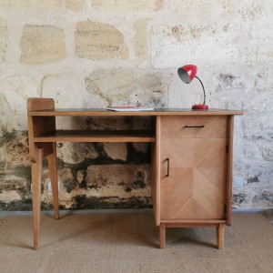 Bureau asymétrique vintage en chêne et stratifié 