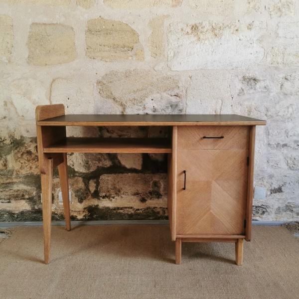 Bureau vintage en bois massif ciré des années 60