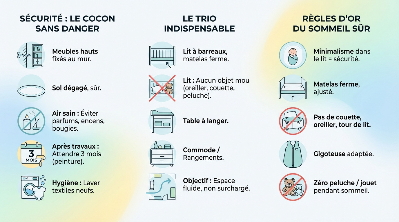 Chambre de bébé sécurisée avec lit à barreaux et mobilier minimaliste