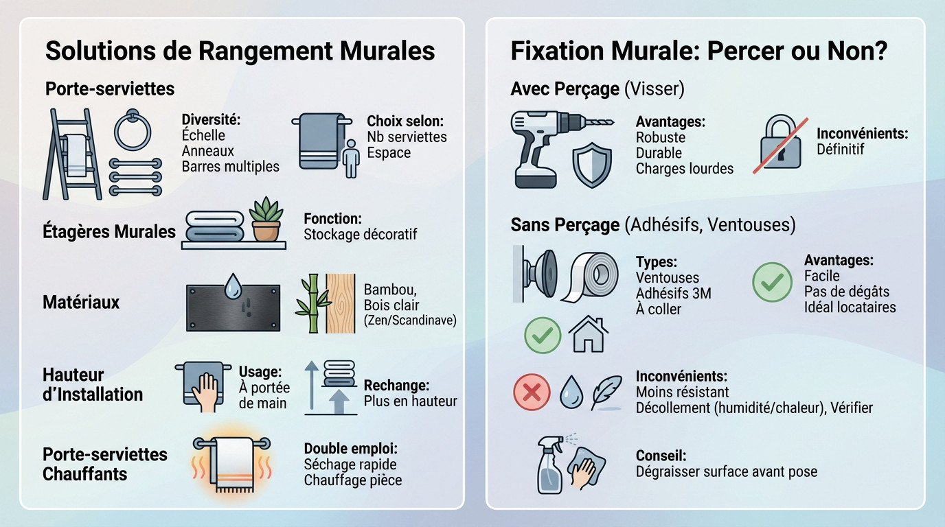 Infographie comparant les méthodes de fixation murales et types de rangements pour serviettes
