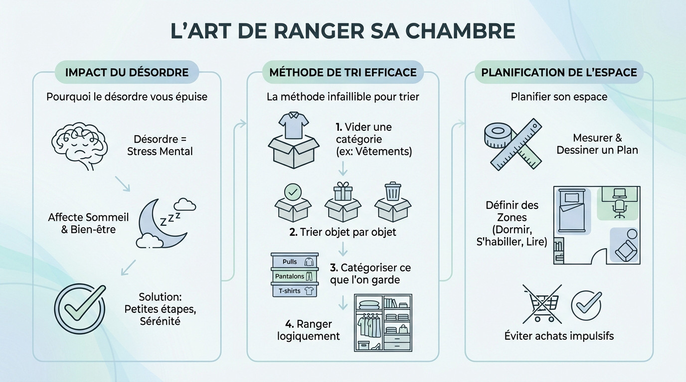 Chambre bien rangée et apaisante avec des solutions de rangement optimisées