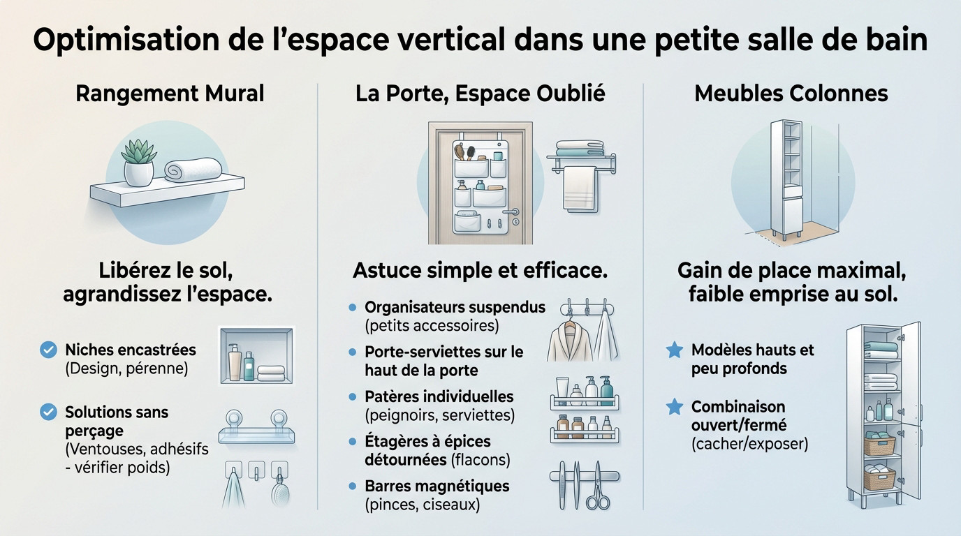 Optimisation de l'espace vertical dans une salle de bain moderne avec rangements muraux