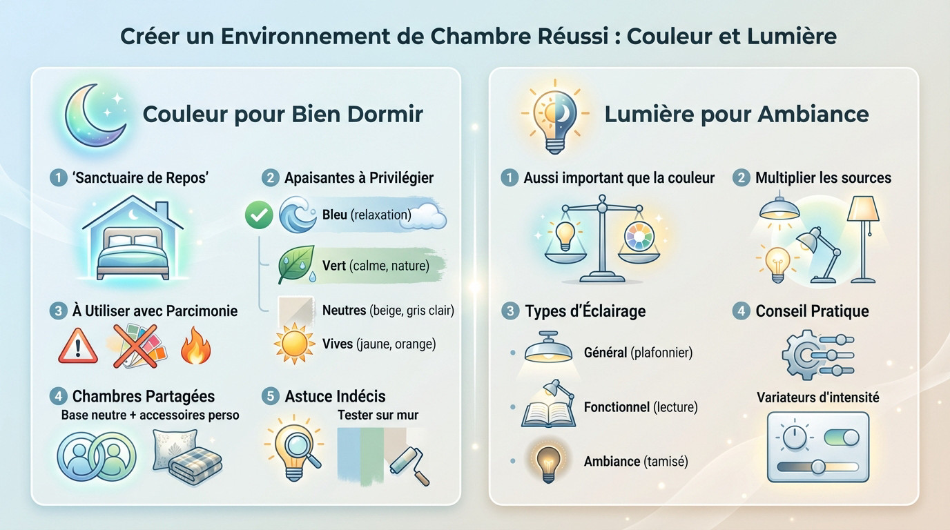 Chambre adulte avec murs bleu nuit et éclairage tamisé pour un sommeil réparateur