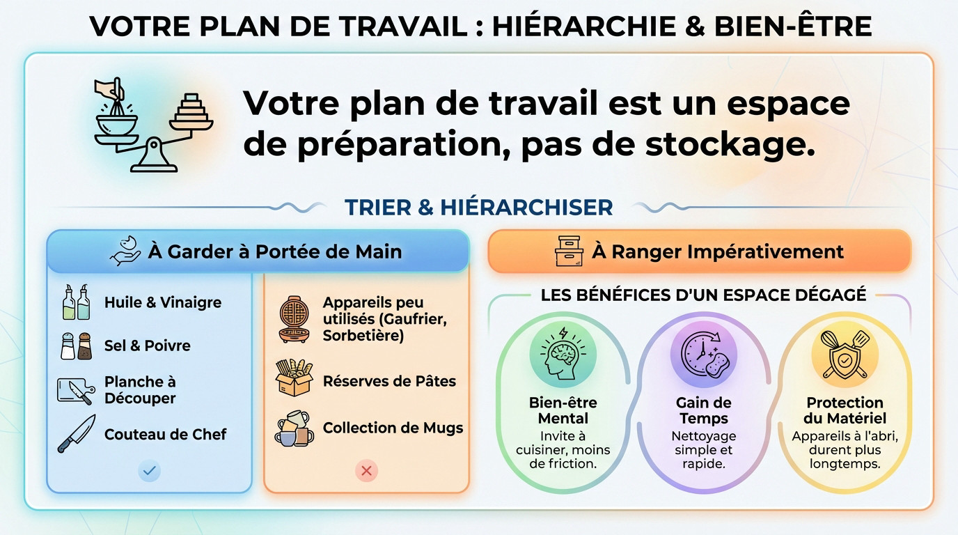 Cuisine organisée avec un plan de travail dégagé et des rangements hiérarchisés