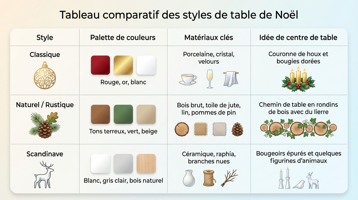 Tableau comparatif des styles de décoration pour la table de Noël : classique, rustique et scandinave