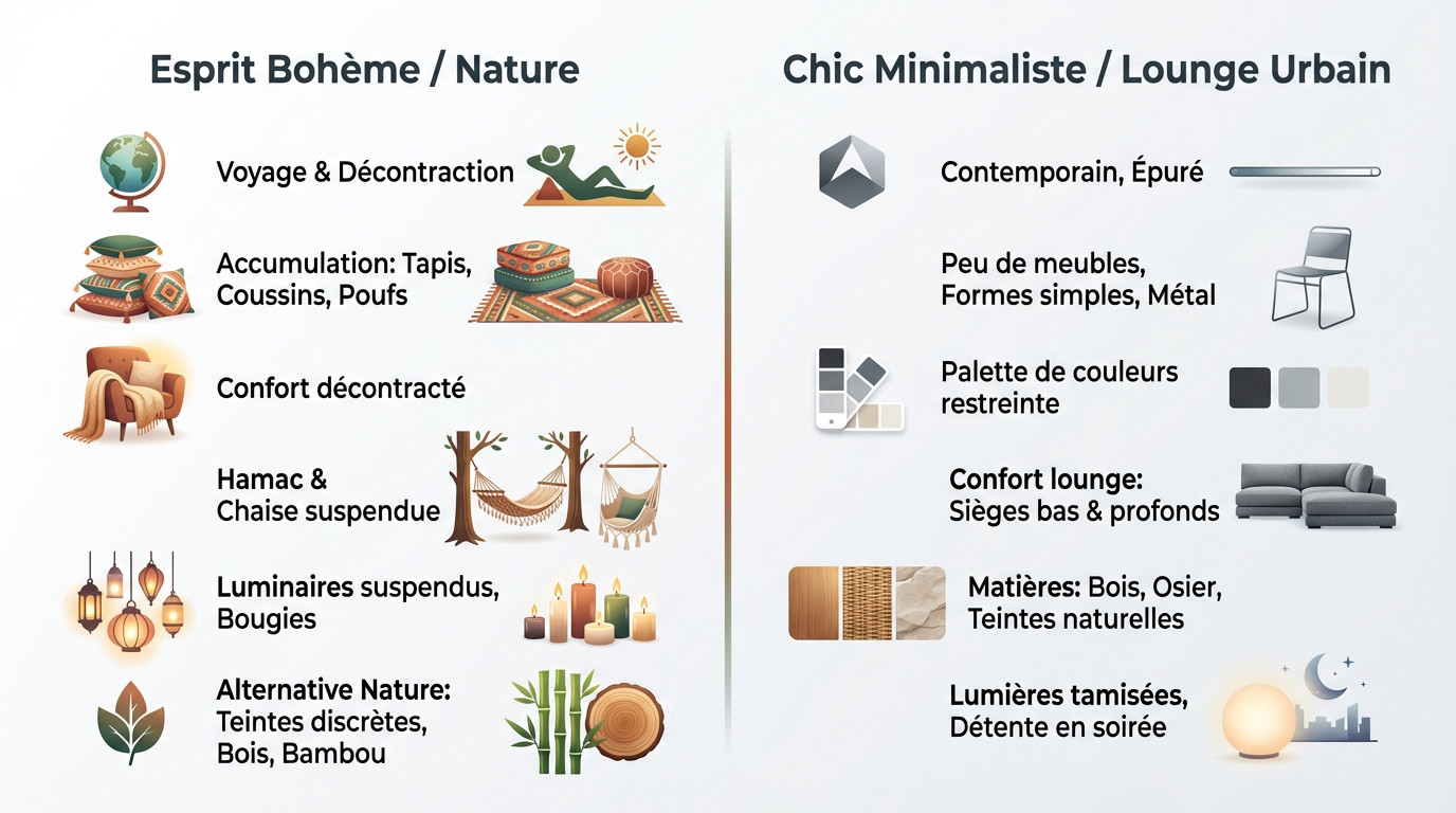 Comparaison visuelle entre une décoration de jardin bohème et un style minimaliste épuré
