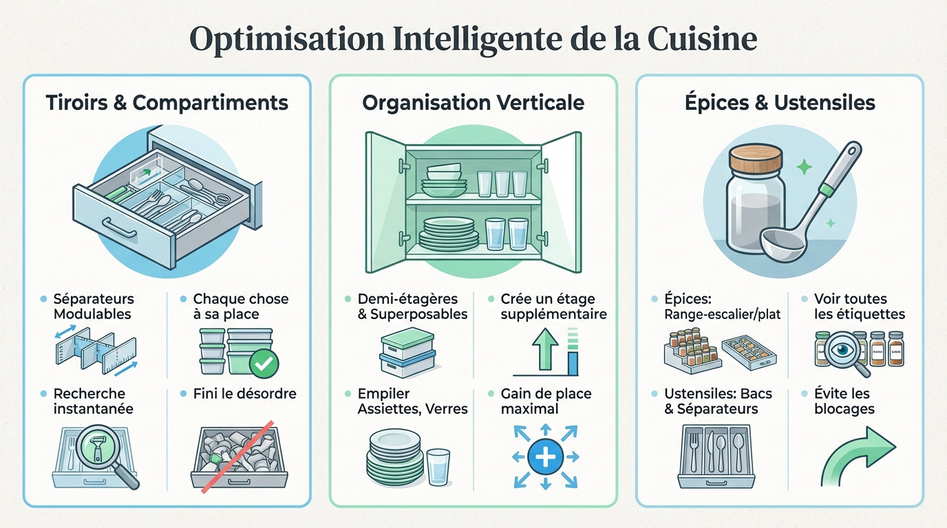 Tiroir de cuisine parfaitement organisé avec des séparateurs en bois