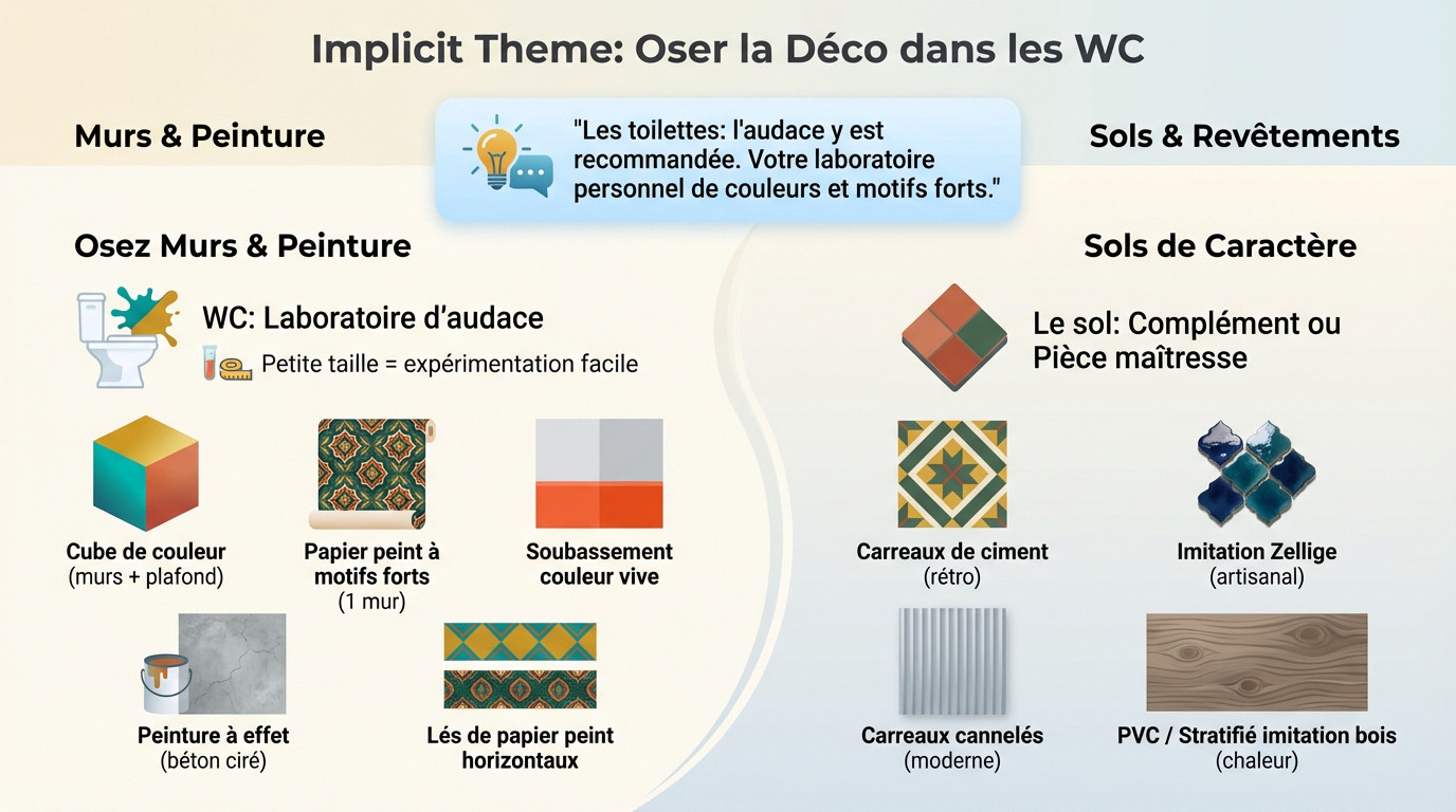 Décoration audacieuse de toilettes avec papier peint à motifs et peinture sombre