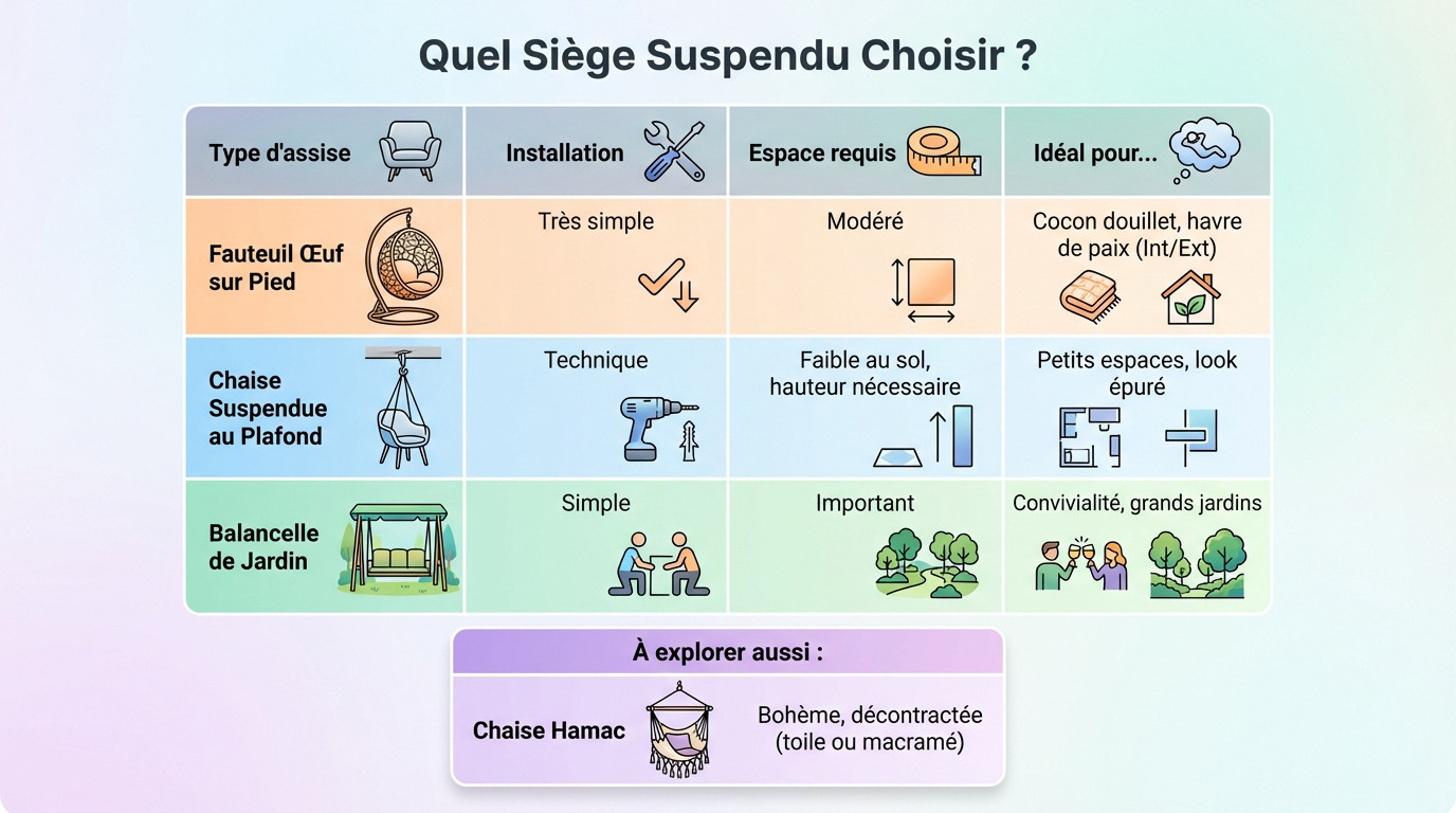 Comparatif entre une chaise balançoire sur pied et une assise suspendue au plafond