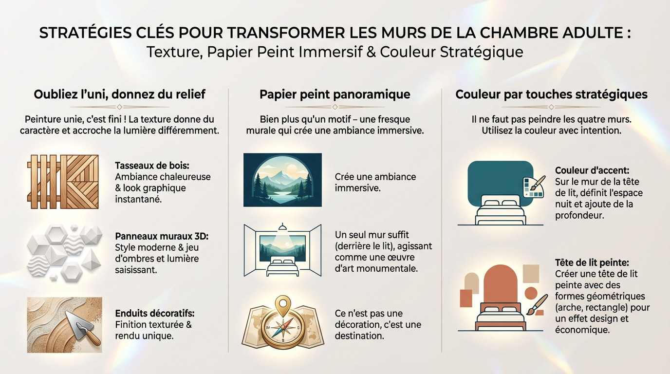 Décoration murale texturée pour chambre adulte moderne avec éclairage soigné