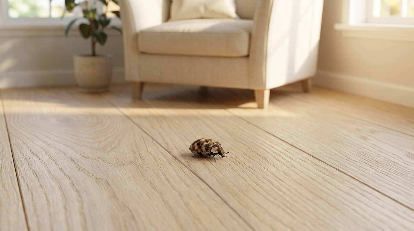 Detailed carpet beetle on a light wooden floor in a sunlit modern home. Background shows an armchair and plant, softly blurred.