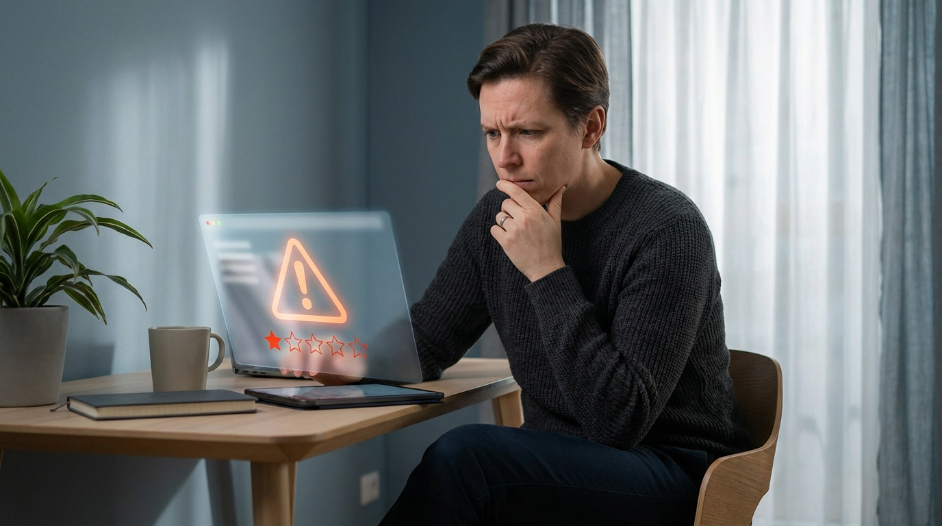 Gender-neutral individual, hand on chin, intently examining a laptop screen displaying a warning symbol and low star rating, reflecting concern.