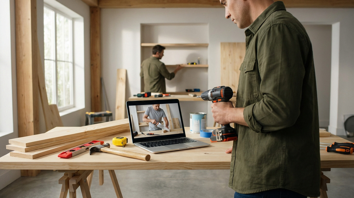 Person learning DIY from laptop tutorial with power drill, tools on workbench. Another installs shelves in a bright workshop.