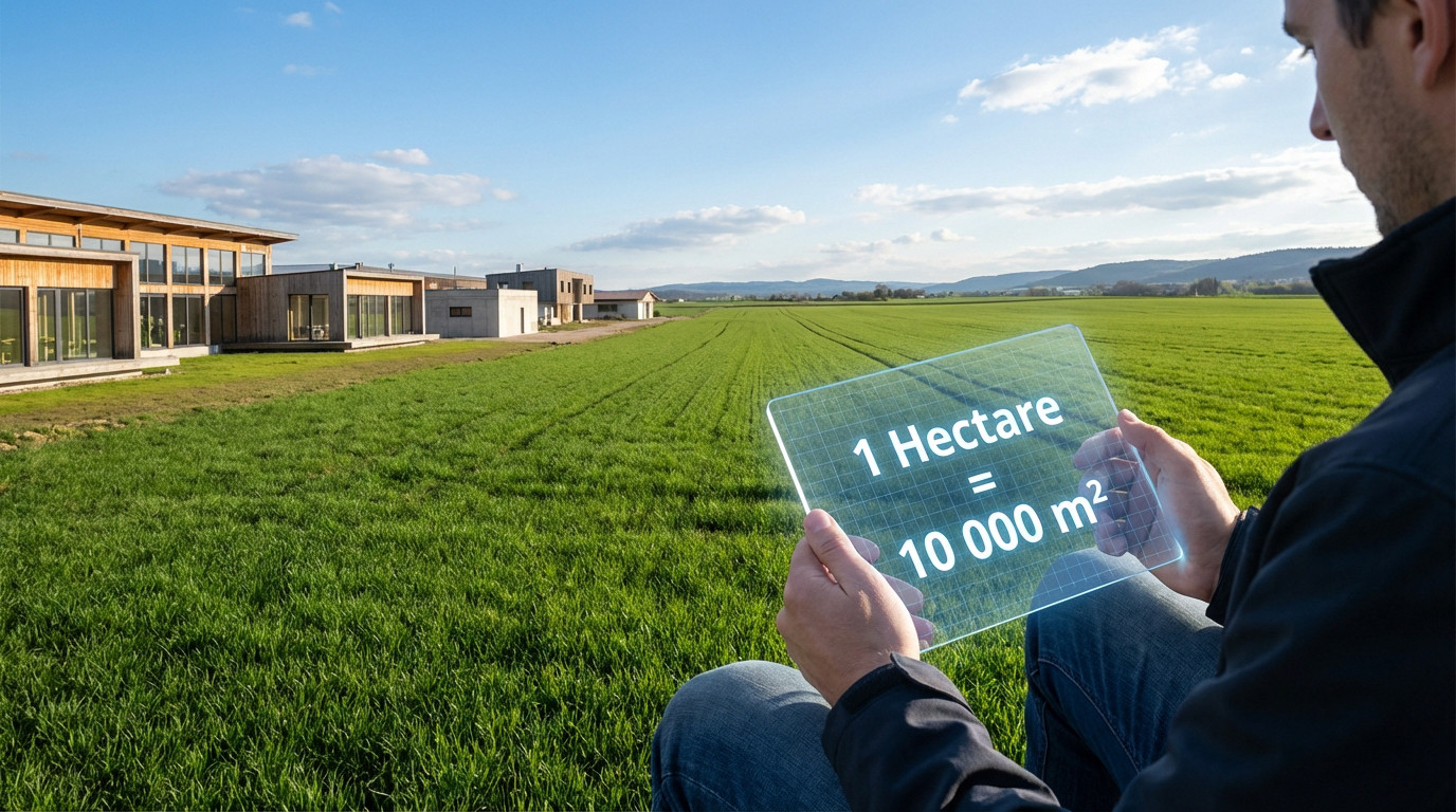 A person holds a glowing digital tablet showing '1 Hectare = 10 000 m²' over a green field with modern houses under a blue sky.