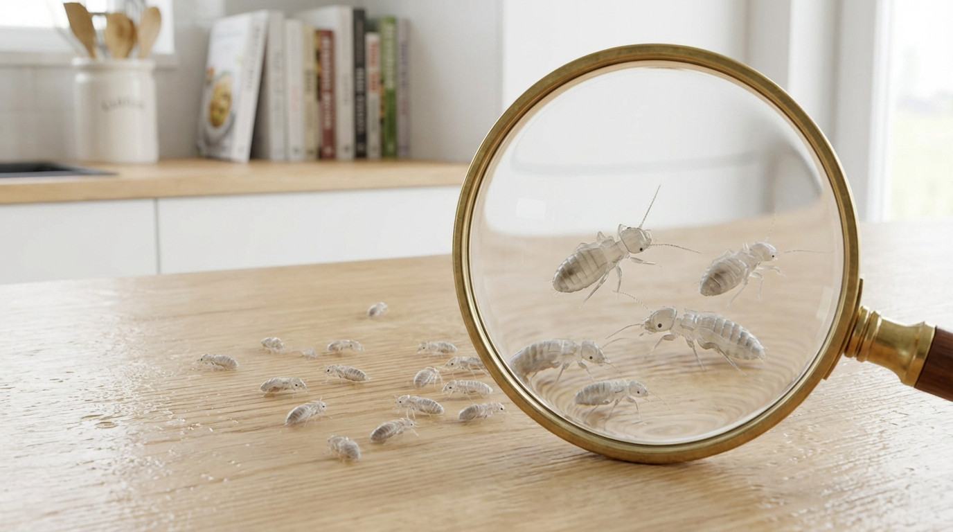 Magnifying glass over translucent booklice on a damp wooden counter. Blurred kitchen background with utensils and books.