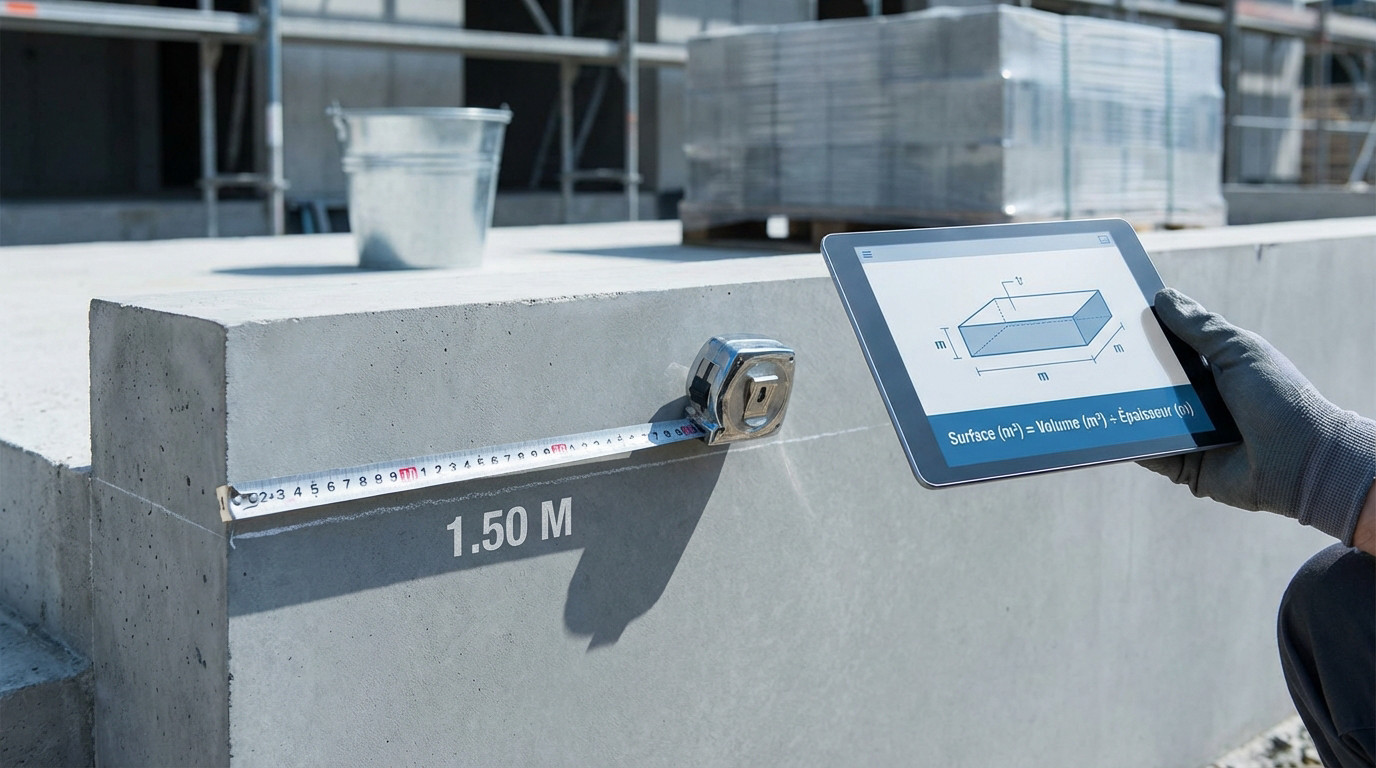 Une main gantée mesure 1,50 M sur une dalle de béton. Une tablette affiche "Surface = Volume ÷ Épaisseur" sur un chantier ensoleillé.