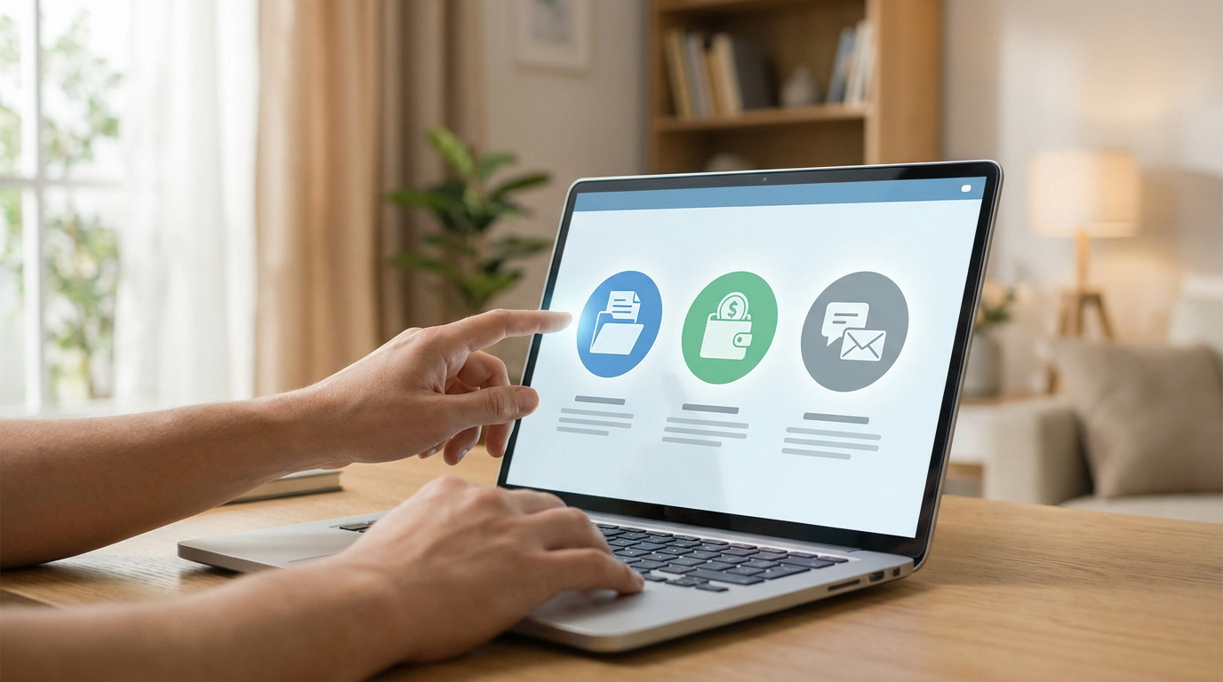 Anonymous hands interact with a laptop showing a client account interface: documents, payments, and messages.