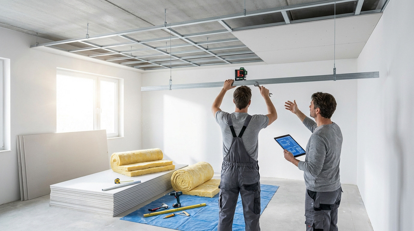 Two men install a suspended plasterboard ceiling in a bright room. One levels a profile, the other checks plans on a tablet. Materials are on the floor.
