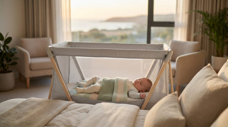 Bébé dort paisiblement dans un lit parapluie chic avec vue sur la mer, près d'un grand lit. Ambiance calme.