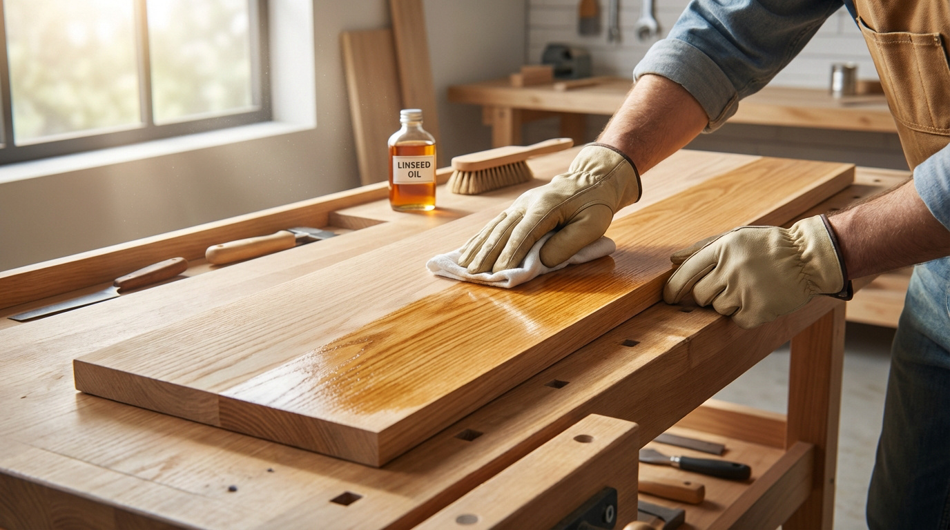 Des mains gantées appliquent de l'huile de lin sur une planche de bois clair avec un chiffon sur un établi. Une bouteille d'huile est visible.