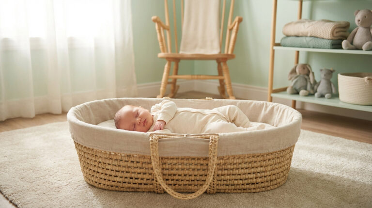 Bébé endormi dans un couffin en osier avec doublure beige, posé sur un tapis clair dans une chambre d'enfant aux murs verts pastel.