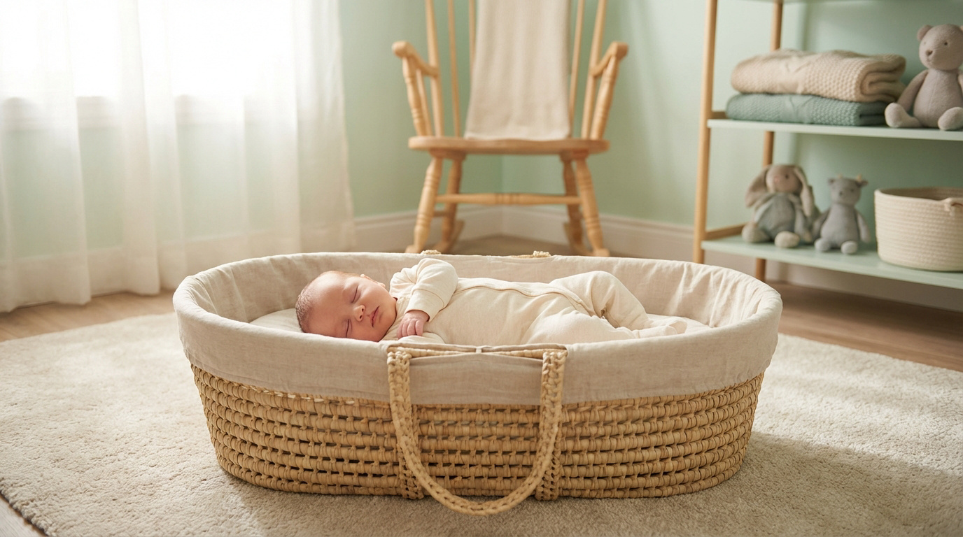 Bébé endormi dans un couffin en osier avec doublure beige, posé sur un tapis clair dans une chambre d'enfant aux murs verts pastel.