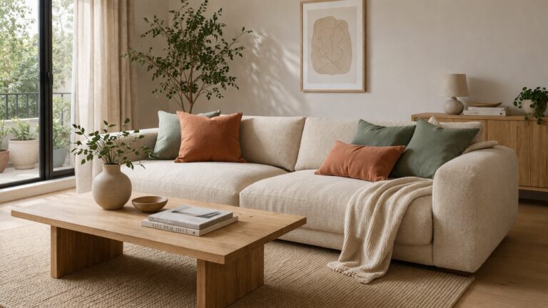Canapé en tissu bouclette beige dans un salon moderne et lumineux — guide achat 2026