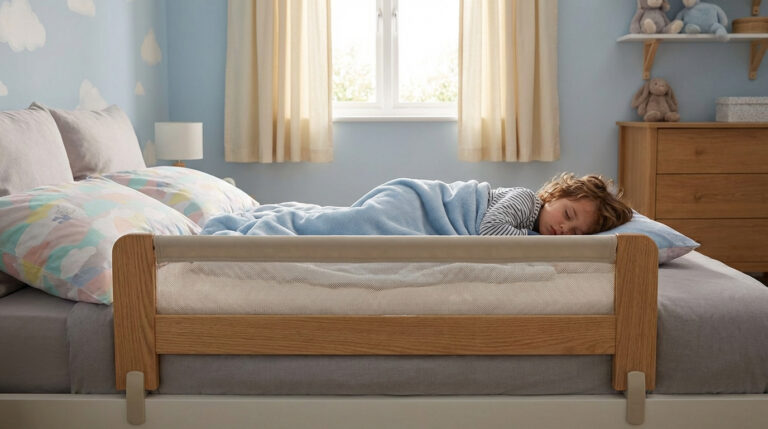 Enfant endormi dans un lit sécurisé par une barrière en bois et maille beige dans une chambre bleue. Vue latérale.