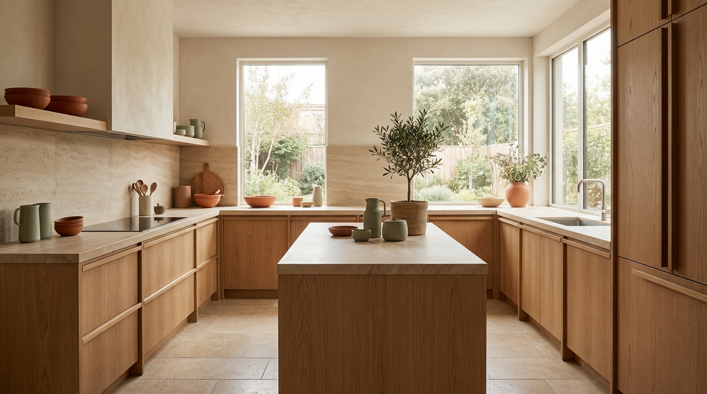 Cuisine minimaliste en bois clair et pierre naturelle. Grande cuisine lumineuse avec îlot central, décorations vertes et vue sur jardin.