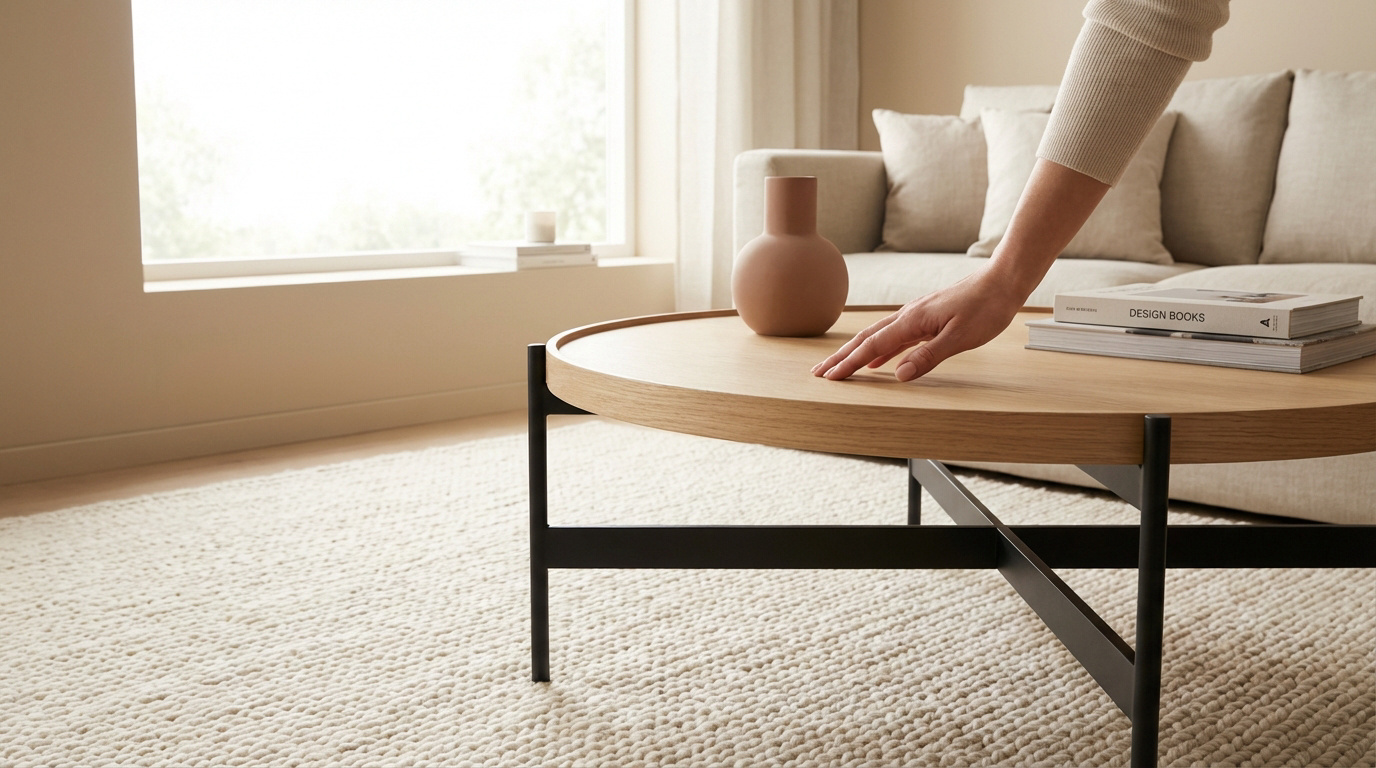 Main sur table basse ronde Sklum en bois clair, vase et livres. Salon moderne avec canapé beige et fenêtre lumineuse, tapis texturé.