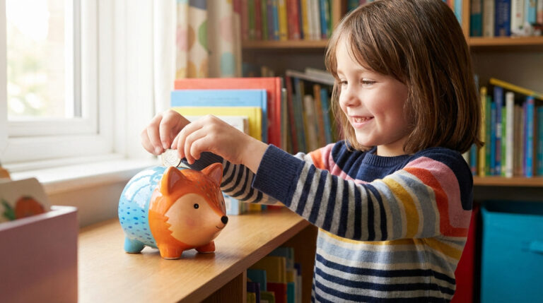 Jeune fille souriante dépose une pièce dans une tirelire renard sur un bureau, devant une fenêtre et une bibliothèque de livres.
