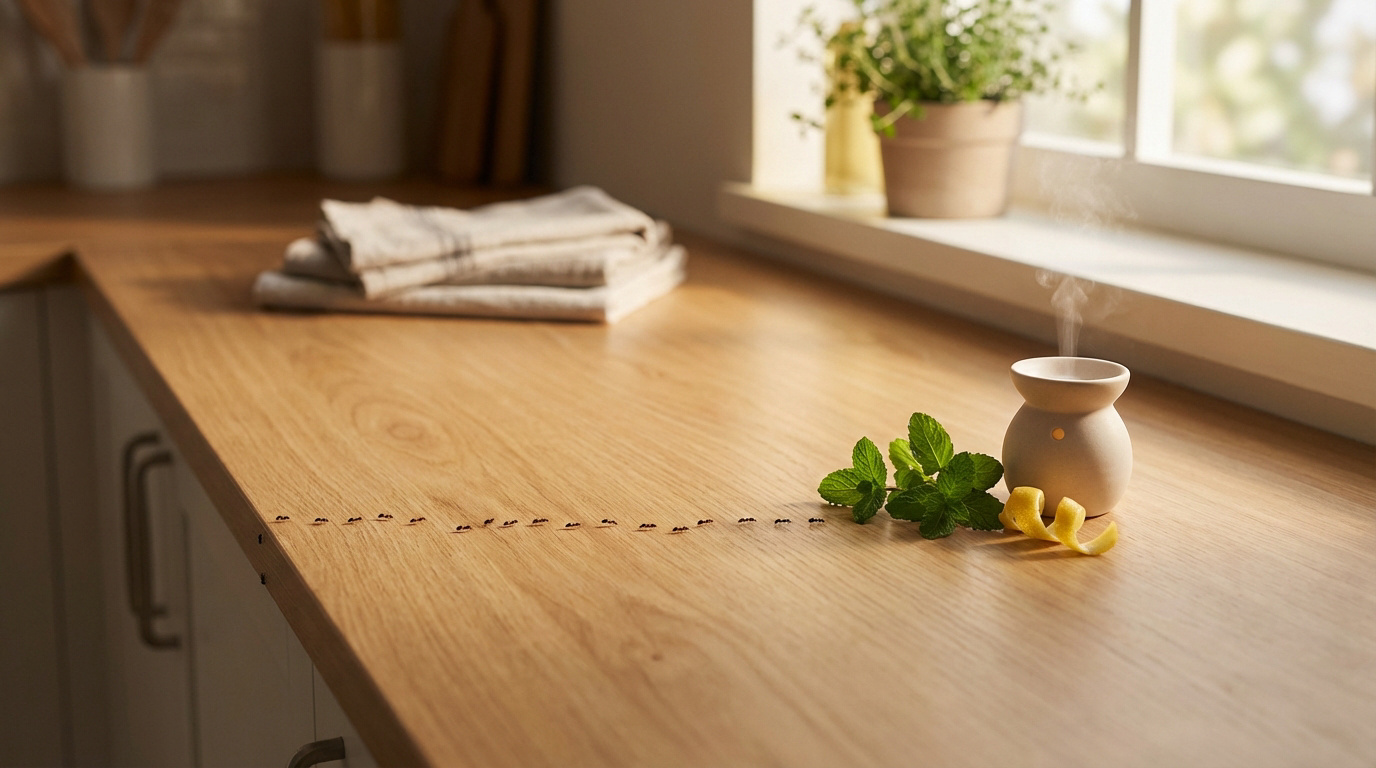 Une ligne de fourmis sur un comptoir de cuisine en bois. À côté, des feuilles de menthe, un zeste de citron et un diffuseur d'huiles essentielles.