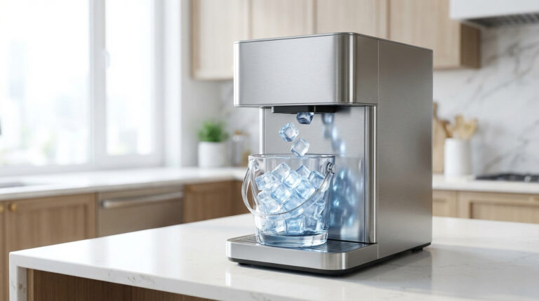 Machine à glaçons moderne en acier brossé remplissant un seau de glaçons transparent sur un comptoir de cuisine lumineux.