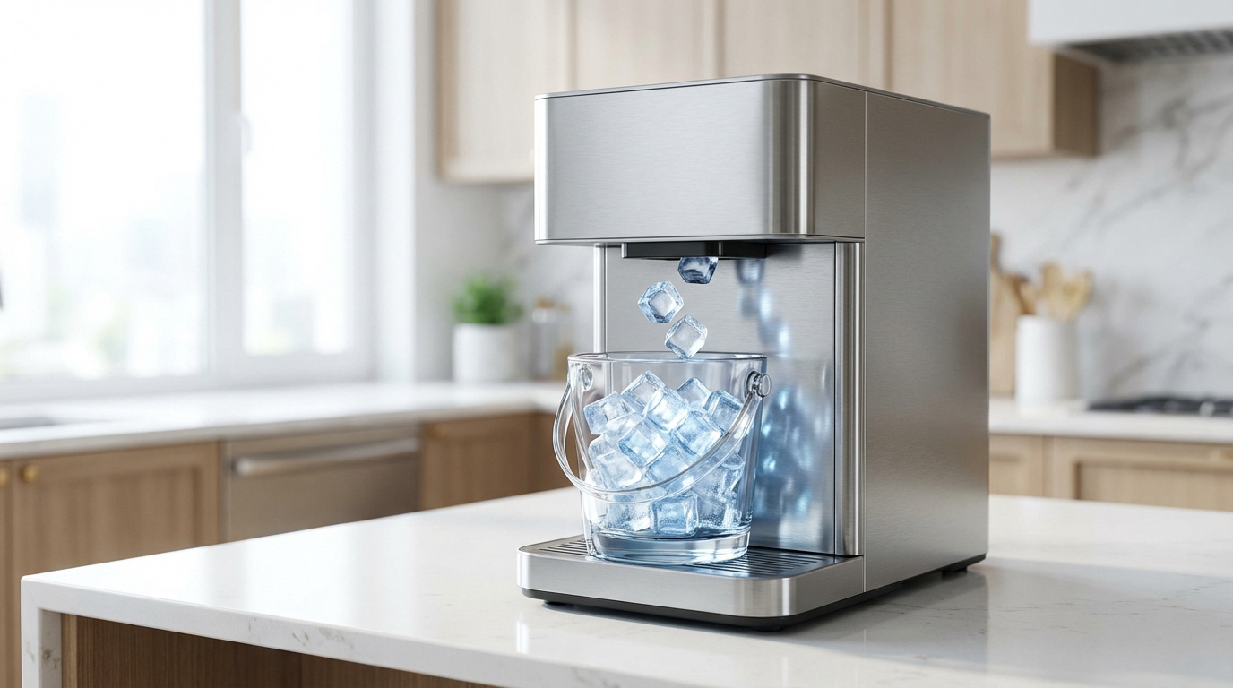 Machine à glaçons moderne en acier brossé remplissant un seau de glaçons transparent sur un comptoir de cuisine lumineux.