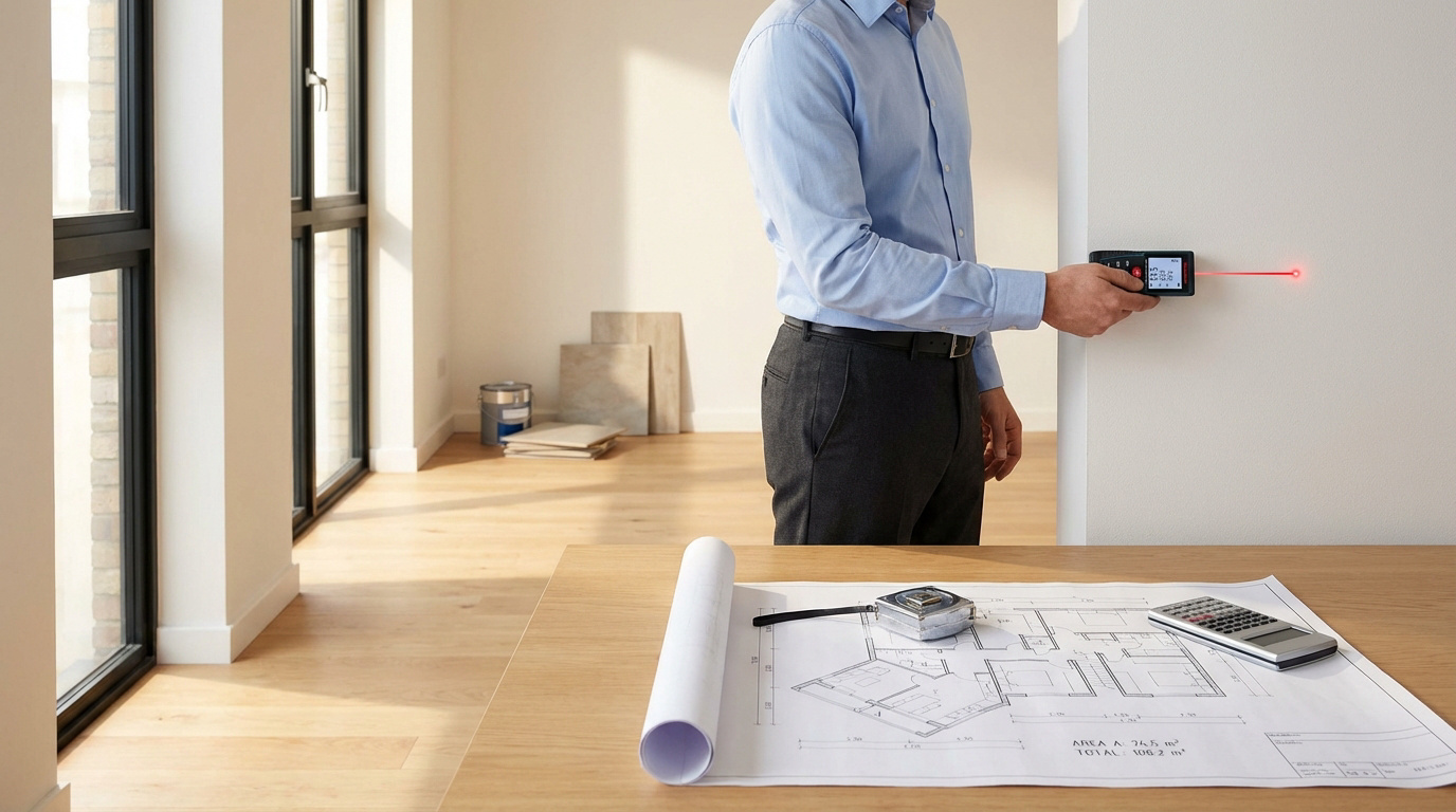 Un homme mesure une pièce vide avec un télémètre laser. Un plan d'architecte et une calculatrice sont sur la table.