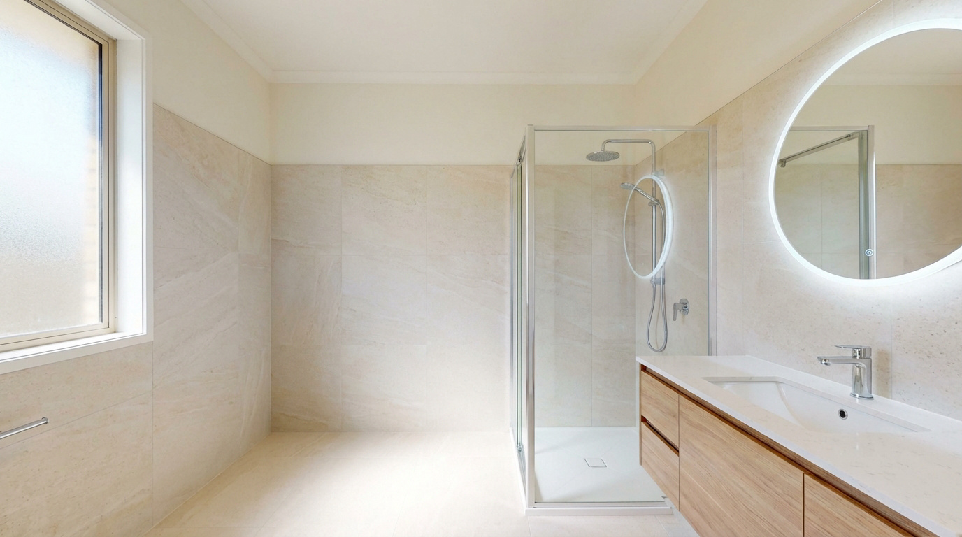 Salle de bain moderne lumineuse avec murs carrelés beige. Comprend une douche vitrée, une vanité bois et un miroir rond éclairé.