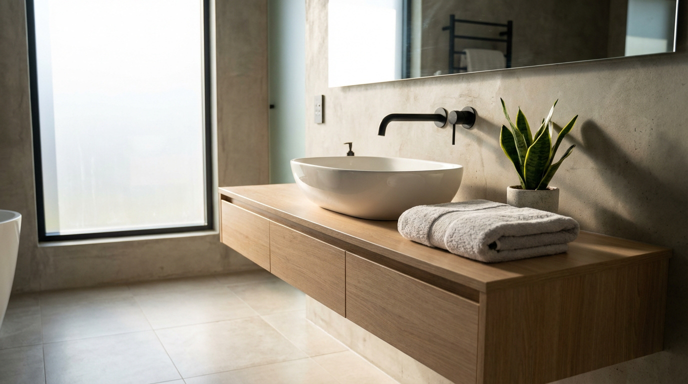 Salle de bain moderne avec lavabo à poser blanc sur un meuble flottant en bois clair, robinet noir mural, serviette grise et plante. Fenêtre givrée.
