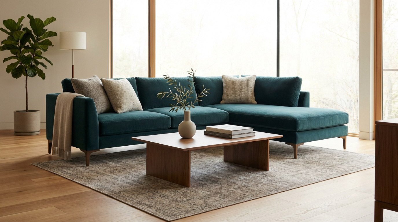 Canapé d'angle Bobochic en velours bleu canard, table basse en bois, tapis clair, plante, fenêtre lumineuse.