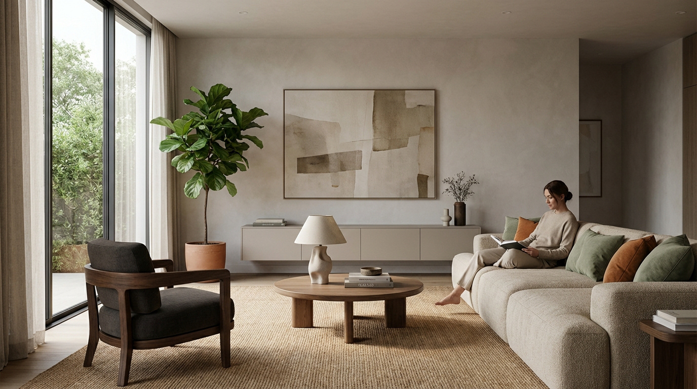 Une femme lit sur un canapé confortable dans un salon moderne aux tons neutres, avec une grande plante et une fenêtre lumineuse.