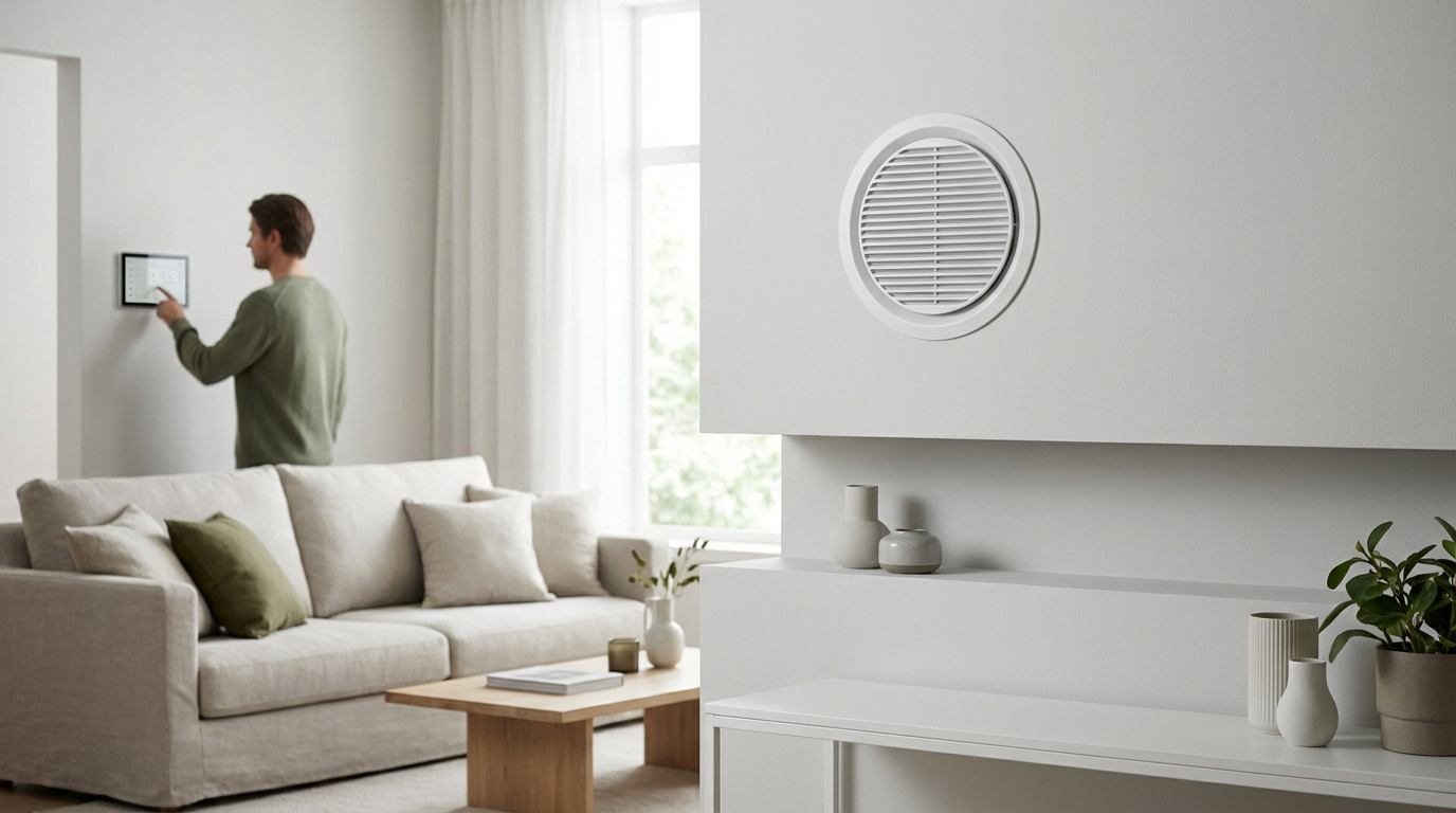 Gros plan sur une bouche VMC circulaire dans un salon moderne. Un homme ajuste un panneau de contrôle mural, ambiance lumineuse.