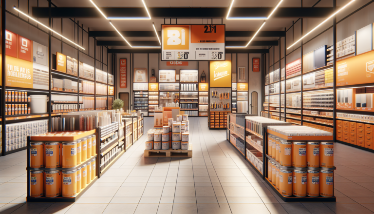 Intérieur d'un magasin Brico Dépôt avec rayons peinture et promotions en 2026