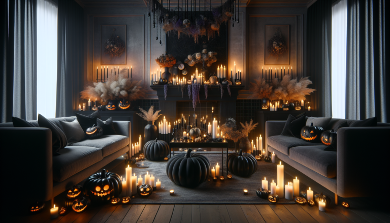 Décoration Halloween élégante dans un salon moderne avec citrouilles peintes en noir et or, bougies et éclairage violet et orange