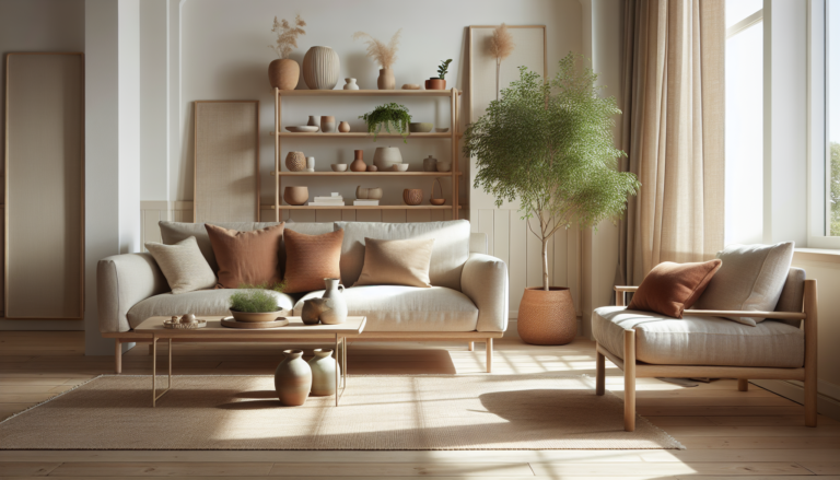 Salon décoré dans un style La Redoute Maison 2025 avec canapé en lin beige, table basse en chêne et décoration naturelle