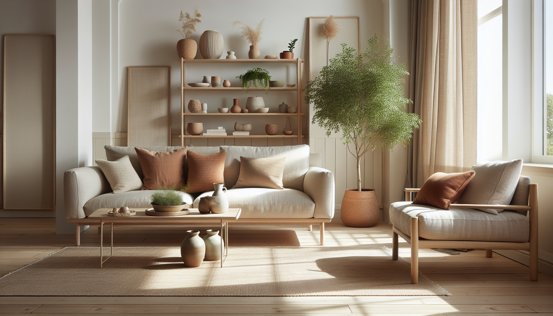 Salon décoré dans un style La Redoute Maison 2025 avec canapé en lin beige, table basse en chêne et décoration naturelle