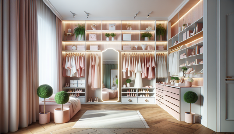 Dressing de nana élégant avec rangements ouverts, miroir éclairant et décoration rose poudré en 2026