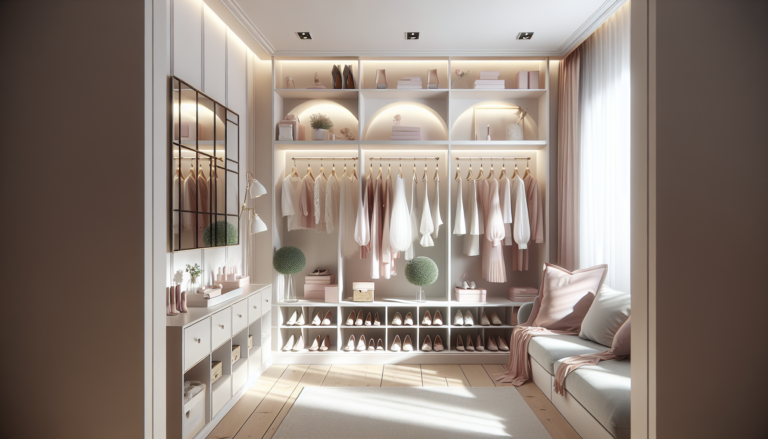 Dressing de nana moderne et bien organisé avec étagères ouvertes, penderie et éclairage LED en 2026