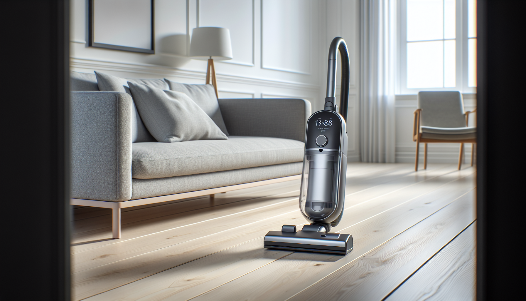 Aspirateur sans fil Dyson V15 Detect dans un salon moderne avec parquet en bois clair
