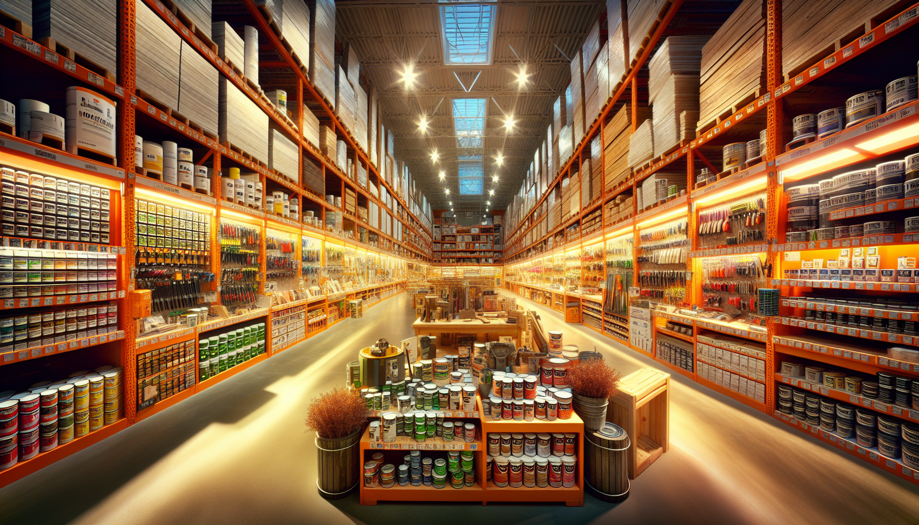 Intérieur d'un magasin de bricolage avec rayons peinture, matériaux et décoration maison